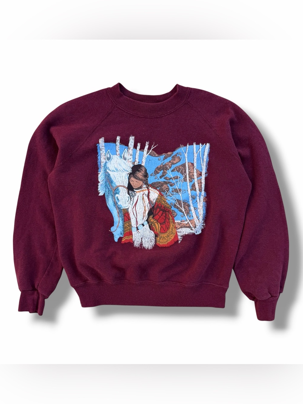Vintage 80s Native American Horse Sweatshirt Bassett Walker Burgundy Medium